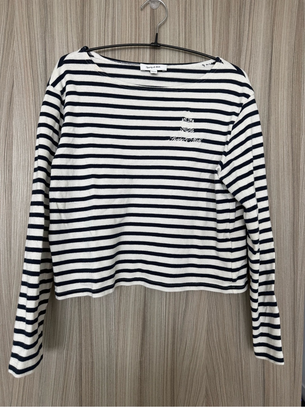 Sporty & Rich Navy & White Striped Embroidered Logo Long Sleeve Top – L